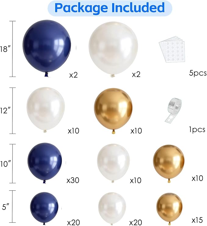Navy Blue Gold Balloons Arch Kit, Double Stuffed Pearl White Blue Gold Chrome - Image 2
