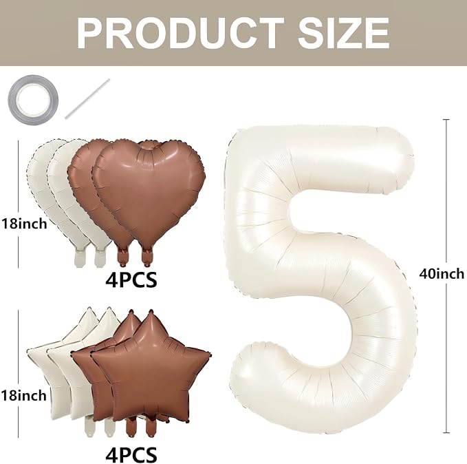 TONIFUL 5th Birthday Balloons 40 Inch Cream white Large Number 5 Foil Balloon - Image 2