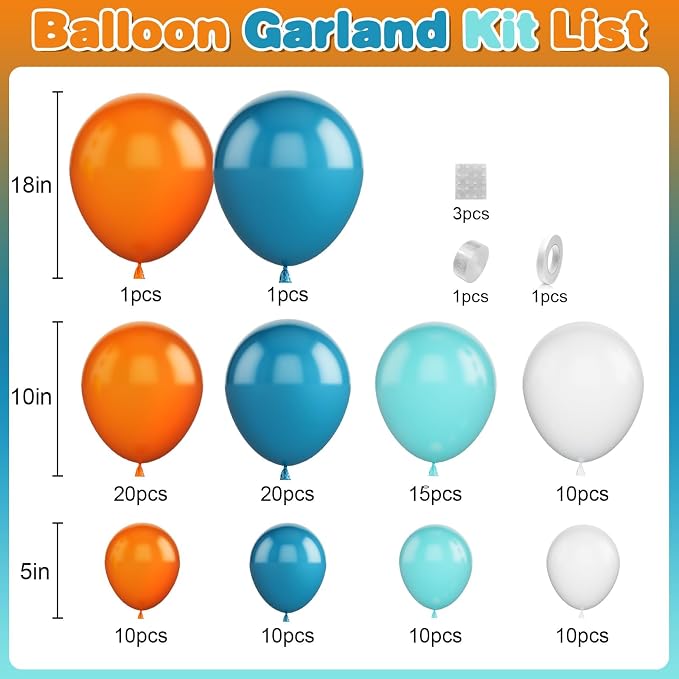 GRESATEK Orange-Blue-White Balloon Arch Garland Kit, Teal Blue Peacock White - Image 2