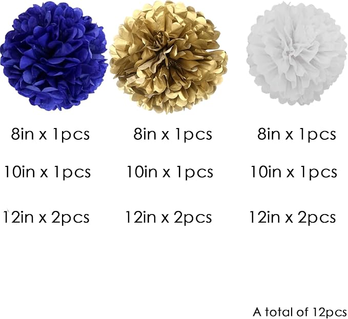 We Moment Navy Blue Gold White Paper Pom Poms Decorations - Image 2