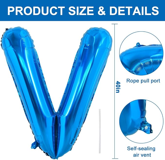 TONIFUL 40 Inch Large Blue Letter V Foil Balloons Alphabet Balloons | Giant - Image 2