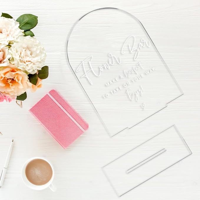 Wedding Signs，Flower Bar Sign, 5 x 7 Inch Arch Acrylic Sign, Wedding Sign for Ceremony and Reception, Wedding Supplies, Wedding Decoration (White)