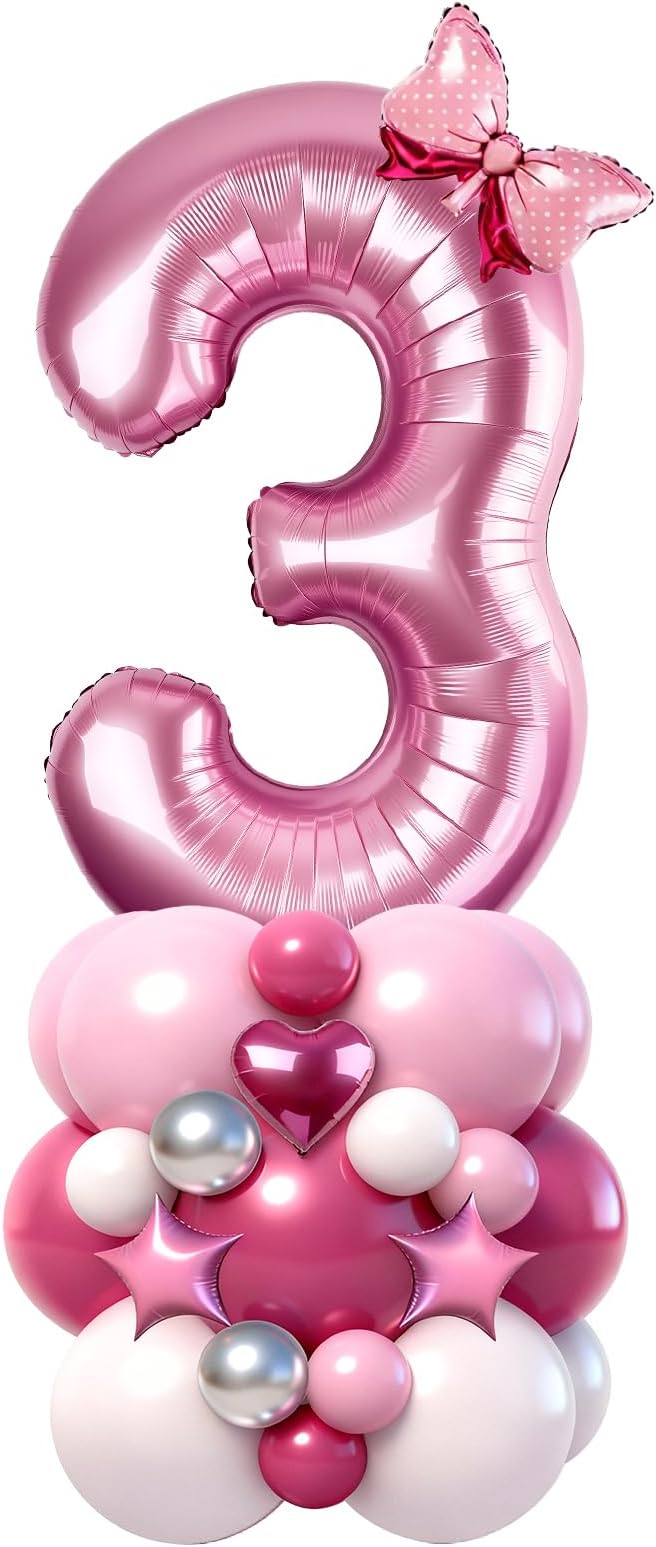40 Inch Pink Number 3 Balloon Tower Set, Pastel Number Three Foil Balloon by Unknown