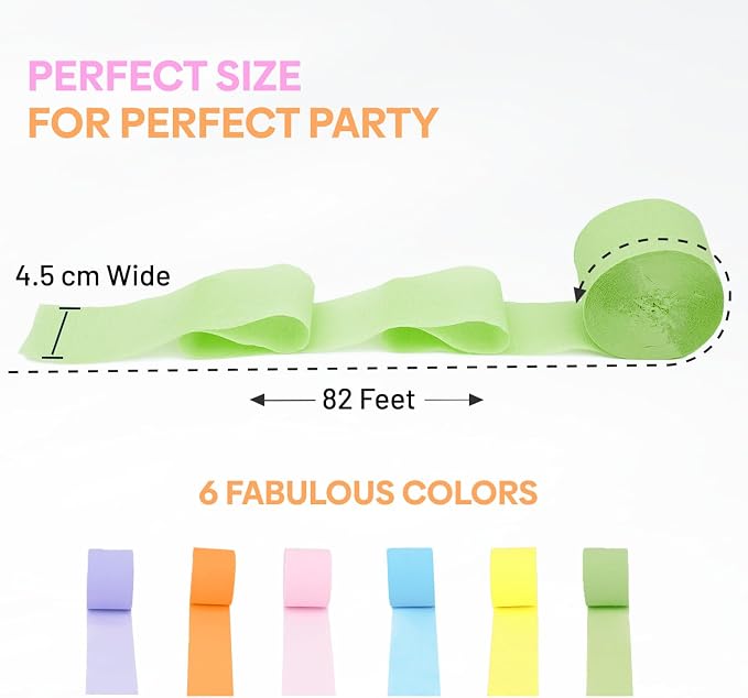 6 Pastel Streamers, 492ft Pack of Crepe Paper Party Decorations | Each roll is - Image 3