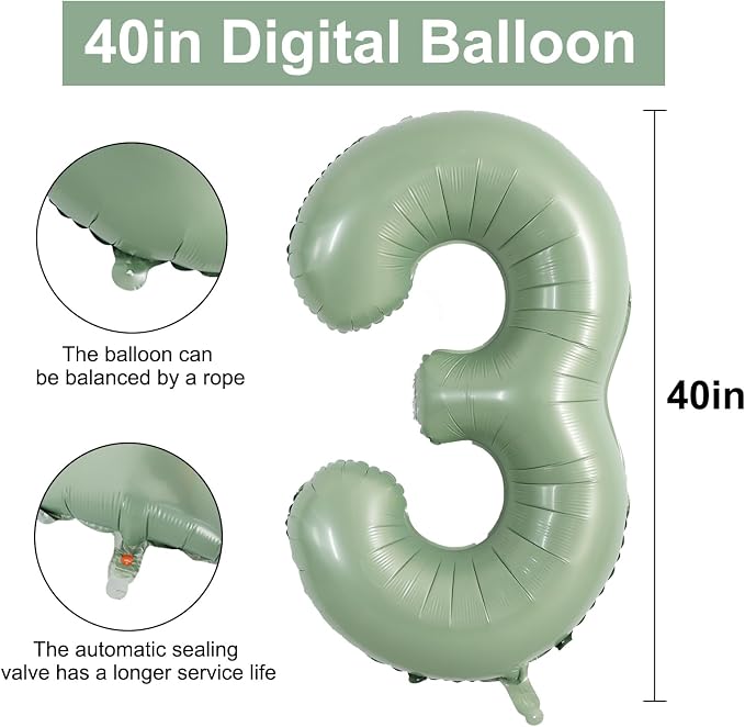 TONIFUL 40 Inch Sage Green Large Number 3 Balloon - Image 2