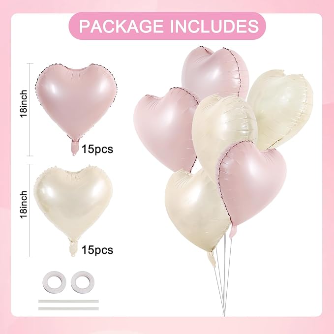TONIFUL 30 Pcs 18 Inch Cream White Pastel Pink Heart Shape Foil Balloons | - Image 2