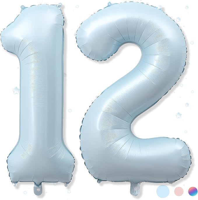 Foil 12 Balloon, Light Matte Sky Blue Big Number 12 Balloons by Froova