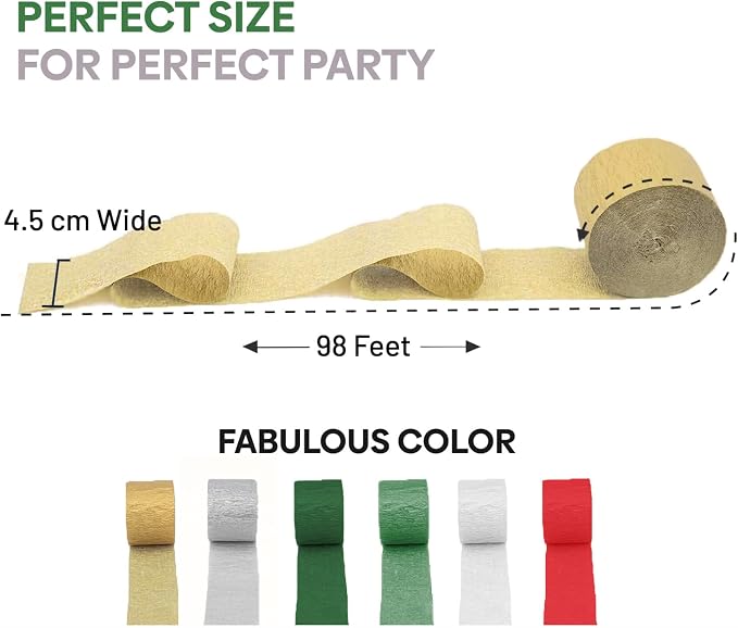 6 Christmas Streamers, 591ft Pack of Crepe Paper Party Decorations | Each roll - Image 3