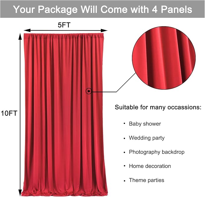 Outpain 20 ft x 8 ft Red Backdrop Curtain Panels, 4 Panels 5 ft x 8 ft Wrinkle - Image 5