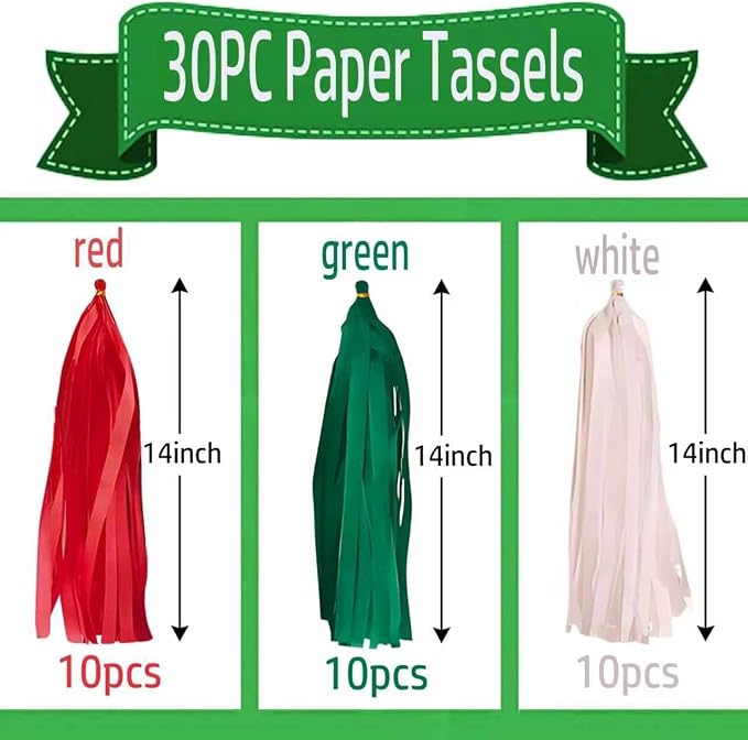 Red White and Green Paper Tassels 30pcs Streamers Christmas Theme Graduation - Image 7