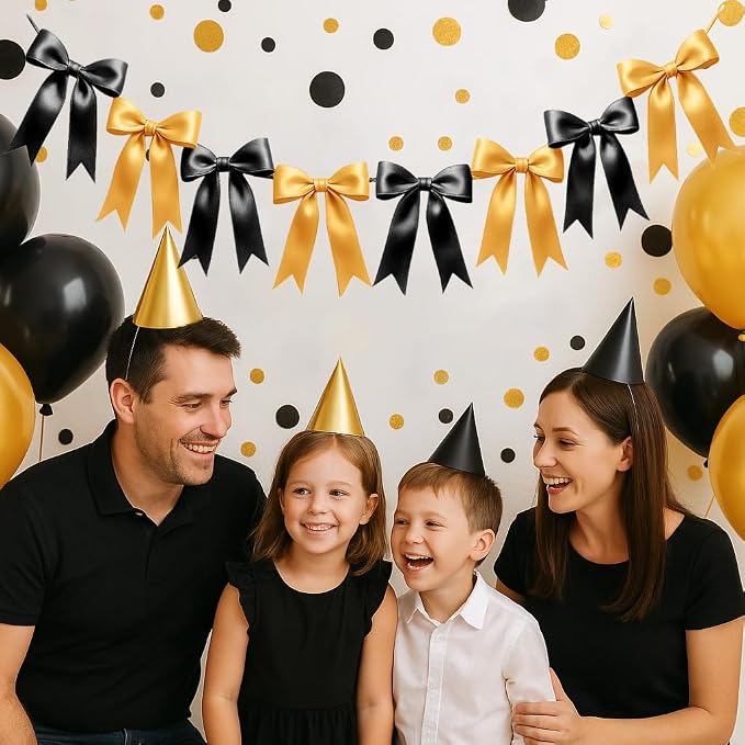 1 String of 8PCS Black&Gold Bow Garland Banner Decoration, Pre-Strung Satin - Image 4