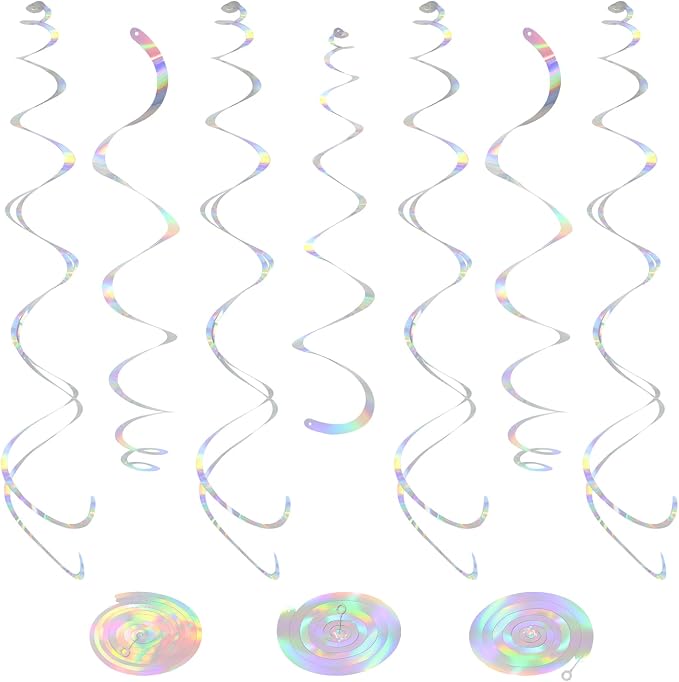 24 PCS Iridescent Hanging Swirl, Shinny Holographic Ceiling Decorations by PatiCool