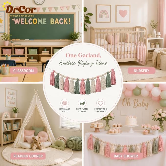 DrCor Pink & Sage Green Tassel Garland – Classroom Decor | Pastel boho wall - Image 4