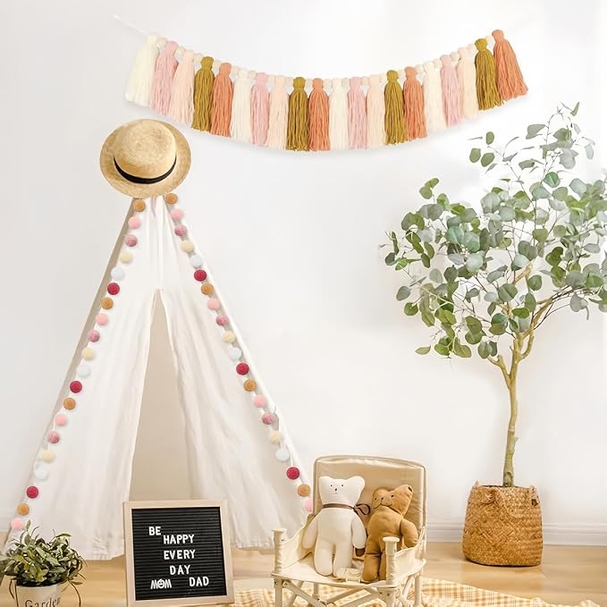 Yellow Pink Tassel Garland, Pom Pom Garland, Kids Room, Baby Shower, Birthday - Image 6