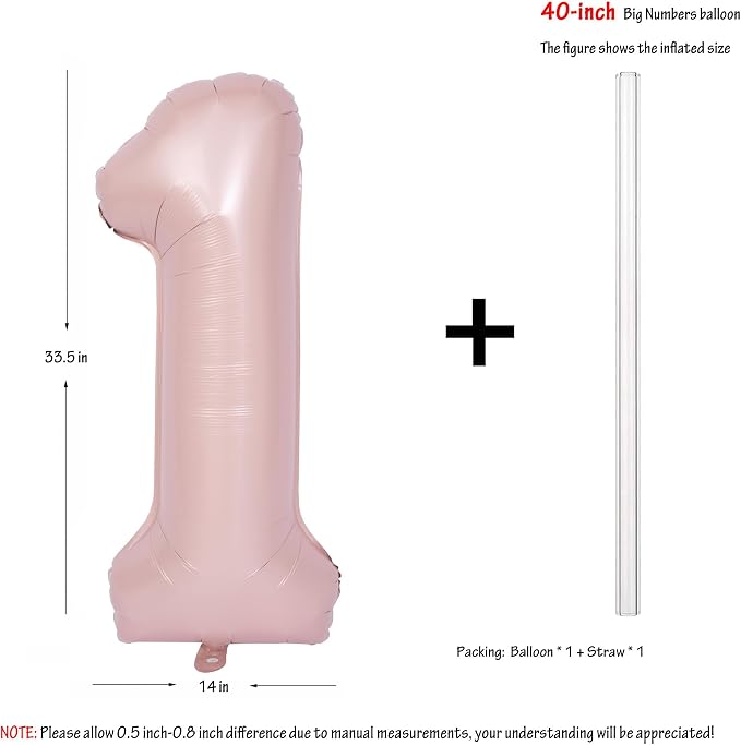40 Inch Pink Number 1 Foil Balloon Light Pink Digital 1 Helium Balloon | - Image 2