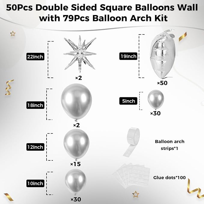50pcs Metallic Silver Square Foil Balloons Wall Backdrop - Image 2