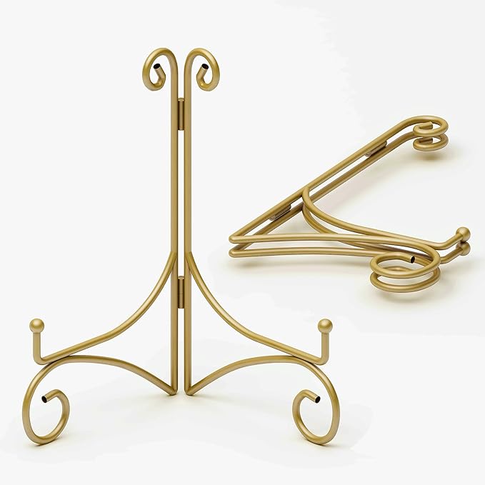 10 Inch Display Plate Stand with Folding Design, Metal Plate Holder for Tables, Picture Easel for Home Decoration, Photo Frame Stand, 10'' Gold, 2-Pack