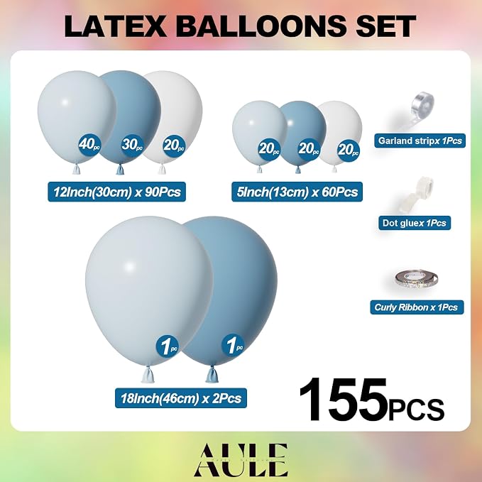 AULE 155Pcs Dusty Blue Balloon Arch Kit White Balloons | Macaron Blue Balloon - Image 2