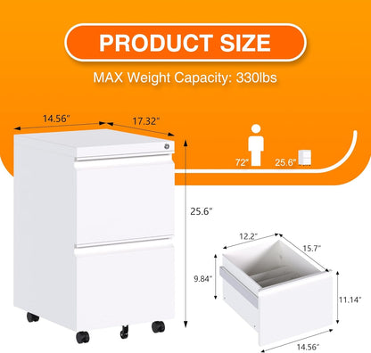 Aobabo Metal 2 Drawer Office File Cabinet with Lock, Under Desk Office Steel Files Cabinet on Wheels, 25.6''H Legal/Letter A4 Size, Fully Assembled Except Wheels,White