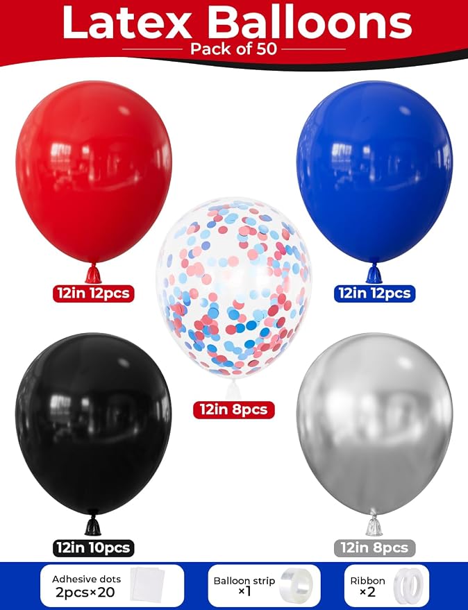 Black Red and Blue Balloons, Glitter Metallic Silver Balloon - Image 4