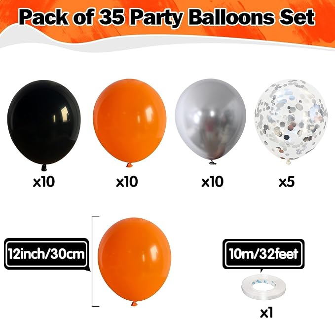 Black Orange Balloons 12 Inch Black Orange Silver Confetti Balloons Halloween - Image 2