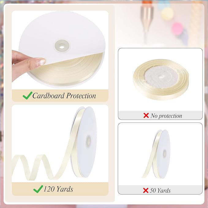woric 120 Yards Ivory Satin Ribbon 3/8 Inch Thin Cream Ribbons | Single-sided - Image 3