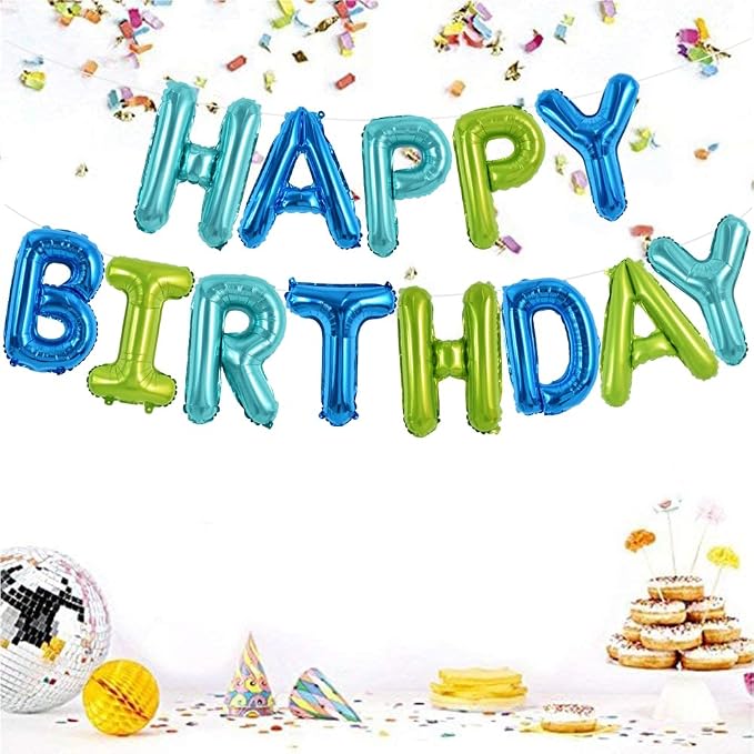 TONIFUL 16 Inch Blue and Green Happy Birthday Balloon Banner Decor - Image 4