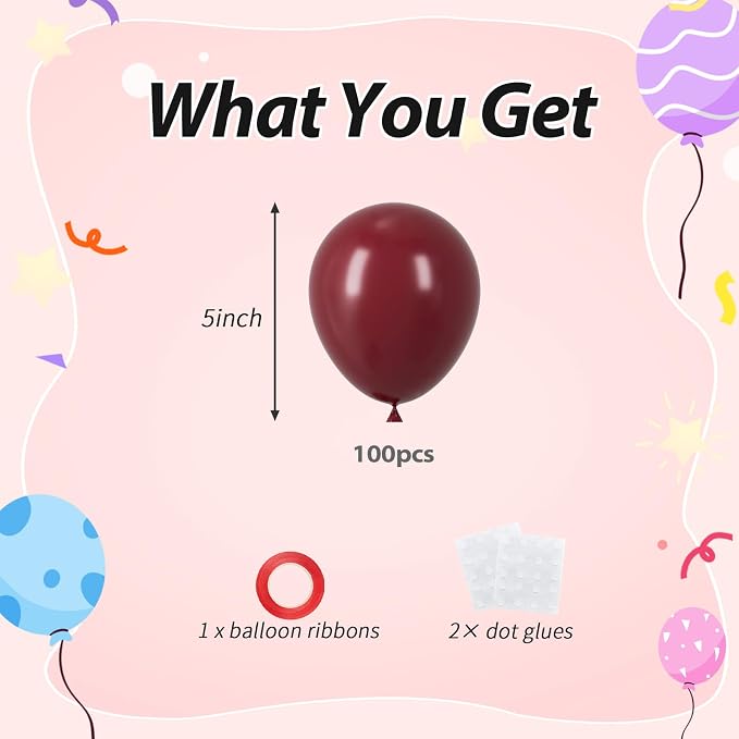 100pcs 5 Inch Small Burgundy Red Balloons | 5” Mini Maroon Wine Red Latex - Image 2
