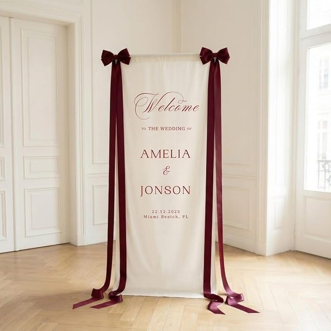 Personalized Wedding Welcome Banner Linen – Custom Names & Date, Elegant Fabric by Custom
