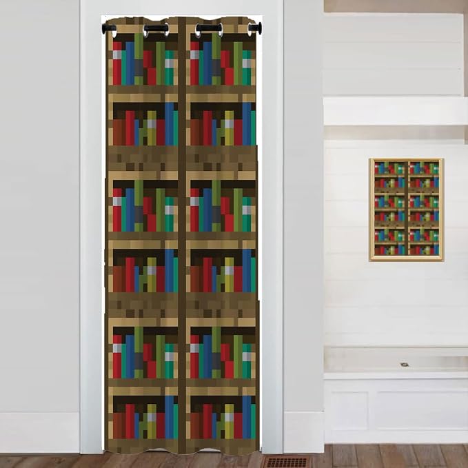 Pixelated Bookshelf Doorway Curtain, Educational Bookcase Pixel Art Video Game by Unknown