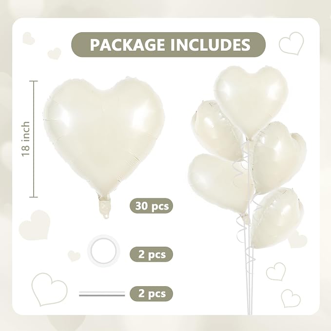 TONIFUL 30 Pcs Cream White Heart Balloons 18 Inch Heart Shape Foil Balloon | - Image 2