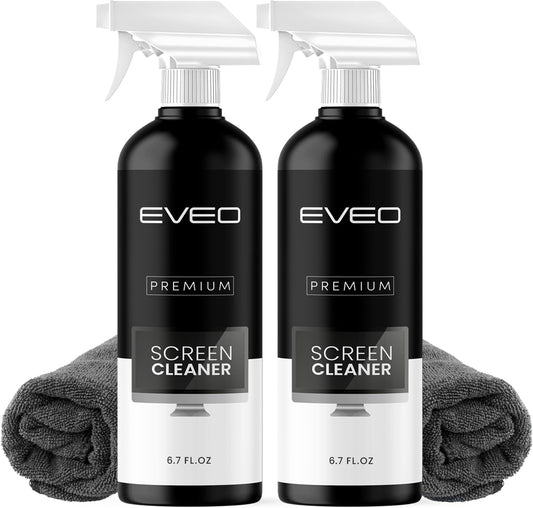 EVEO® Screen Cleaner Spray Kit (Streak-Free) TV Screen Cleaner for Smart TV, LCD, LED, OLED | Computer Screen Cleaner Spray and Wipe Microfiber Cloth - TV, Monitor, Laptop, iPad, Car - 6.7oz 2 Pack
