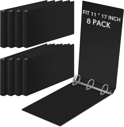 8 Pcs 11 x 17 Inch 3 Ring Binders 2 Inch Rings Heavy Duty View D Ring Binders Economy Holds 11" x 17" Paper for Artwork Blueprints, Office, Home, Work Places(Black)