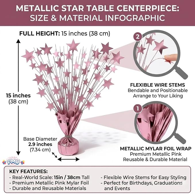 PMU 6 Pack Bursting Star Metallic Foil Spray Centerpiece- Baby Pink Balloon - Image 6