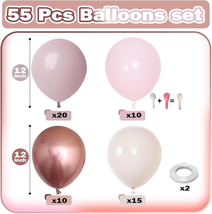 Dusty Pink Beige Balloon, 55 Packs 12 Inch Double Stuffed Retro Baby Pink and - Image 2