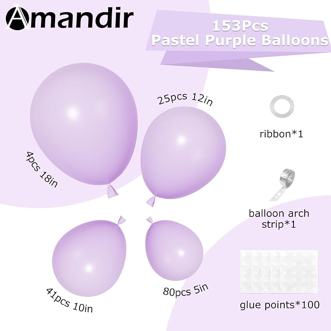 Amandir 153pcs Lavender Balloons Arch Garland Kit Different Sizes | 18 12 10 5 - Image 3