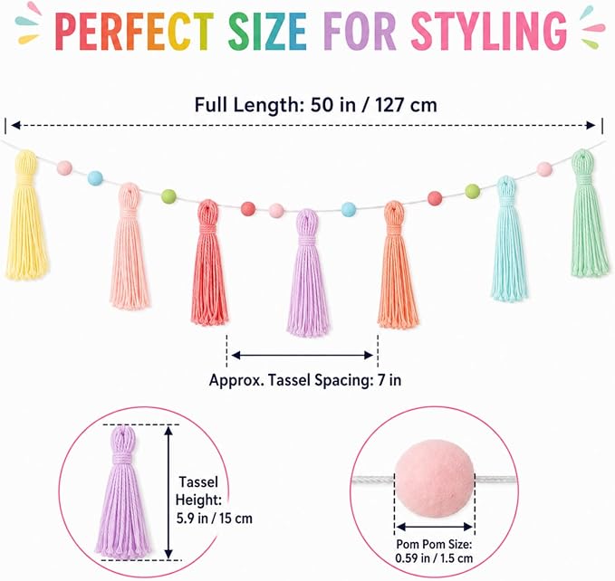 Syhood 3 Pcs Boho Tassel Garland Boho Rainbow Pom Pom Wall Decor Each 50'' - Image 4