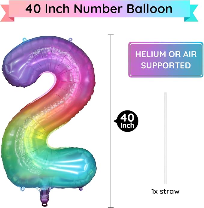 40 Inch Rainbow Number Balloon 2, Large Number Foil Balloons Mylar - Image 2