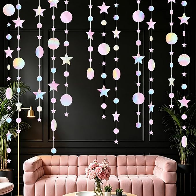 Iridescent Pink Party Decoration Iridescent Pink Star Circle Dot Hanging - Image 2