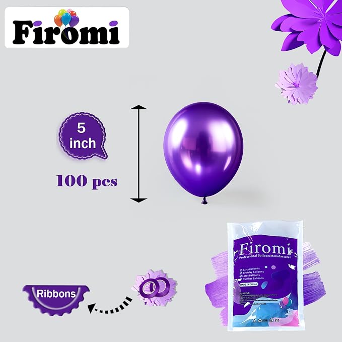 Firomi Metallic Chrome Purple Balloons 5-inch 100 Pack | Helium Small-Medium - Image 2