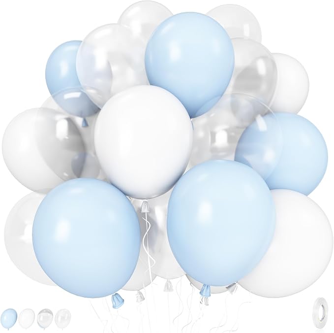 Pastel Blue and White Balloons, 12 Inch 35PCS Light Baby Blue Pearl White by Govpy