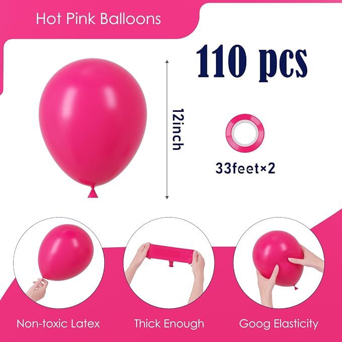 Voircoloria 110pcs Hot Pink Latex Party Balloons, 12inch | - Image 2