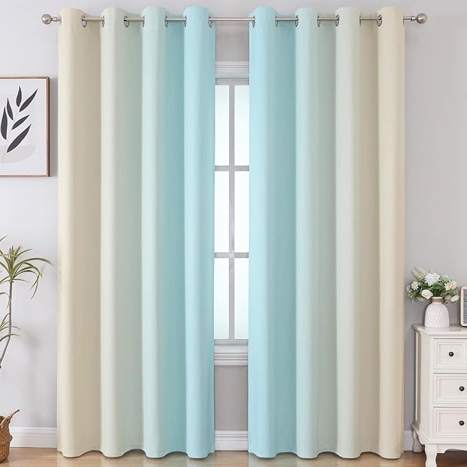 Aqua and Beige Blackout Curtains 102 Inch Length 2 Panels Set, Thermal - Image 2
