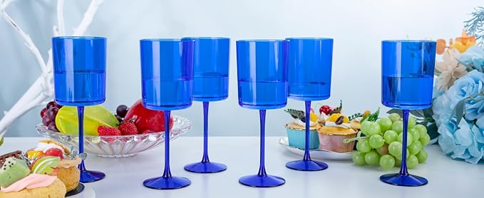 Ciaell 6 Pack Blue 10 Oz Plastic Wine Glasses with Stem - Disposable Wine Glasses for Parties & Weddings & Poolside & Outdoors & Camping