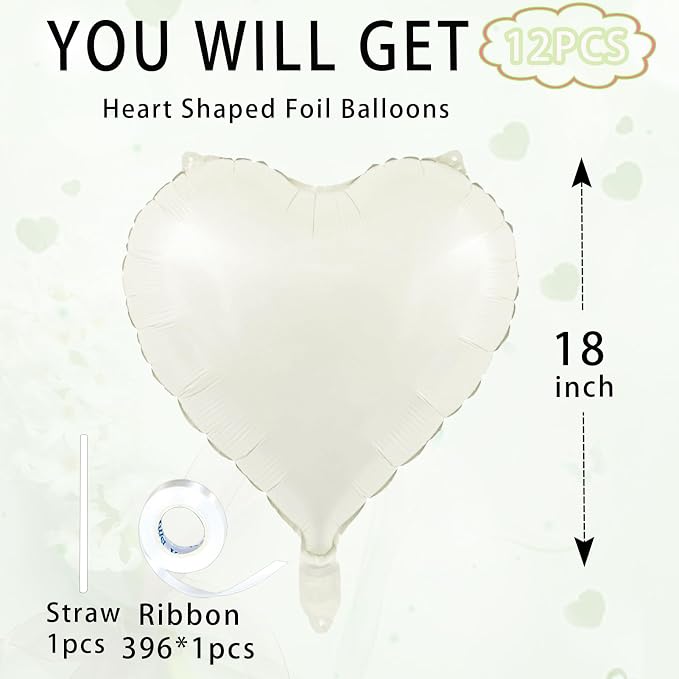 White Heart Ballloons, 18 Inch Foil Love Heart Shaped Balloons 12Pcs Creamy - Image 3