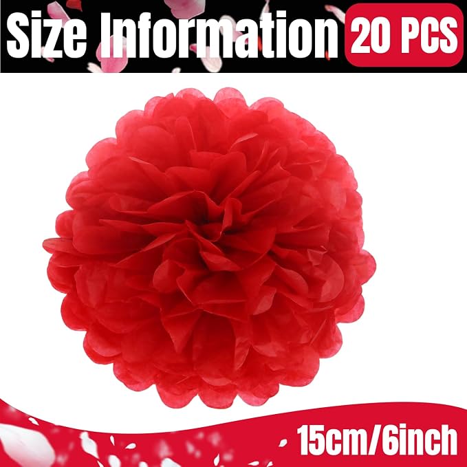 Qimoo 20pcs Red Paper Pom Poms Decorations, DIY Tissue Paper Flowers Ball - Image 2
