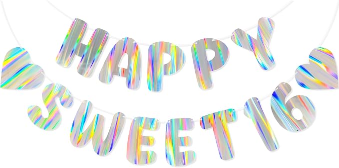 Iridescent Happy Sweet 16 Birthday Banner, Pre-Strung Holographic Party by Unknown