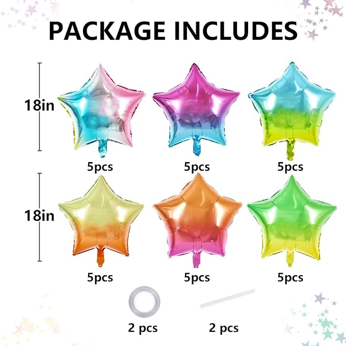 TONIFUL 30 Pcs Star Balloons 18 Inch Large Gradient Rainbow Foil Balloons | - Image 2