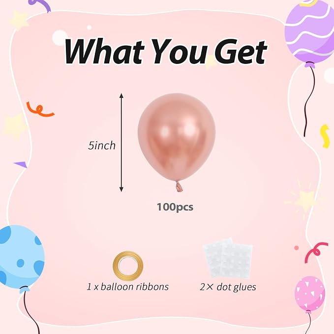100pcs 5 Inch Small Metallic Rose Gold Balloons | 5” Mini Chrome Rose Pink - Image 2