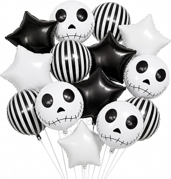 HILAVO 16PCS Black White Striped Skeletons Skull Balloons | Halloween Foil by HILAVO
